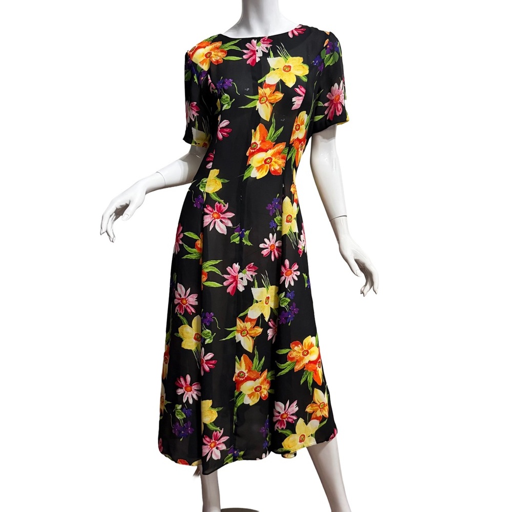 💖 Handmade Semi Sheer Floral Black‎ Midi Dress Garden Party Spring Summer
